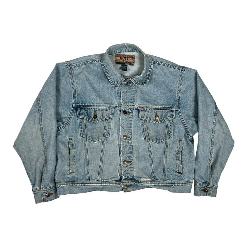 Vintage Express Jeans Jacket Mens Large Blue Denim Distressed Raw Hem 90s